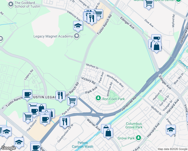 map of restaurants, bars, coffee shops, grocery stores, and more near 22 Transport in Tustin