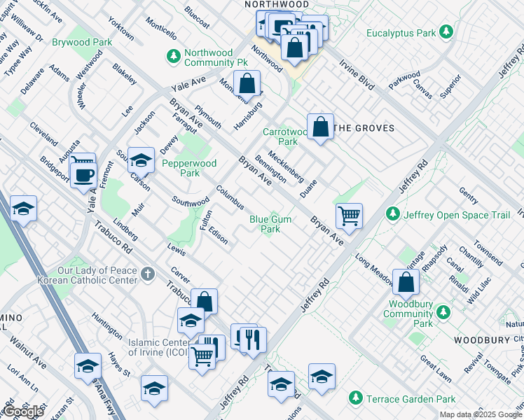 map of restaurants, bars, coffee shops, grocery stores, and more near 4 Columbus in Irvine