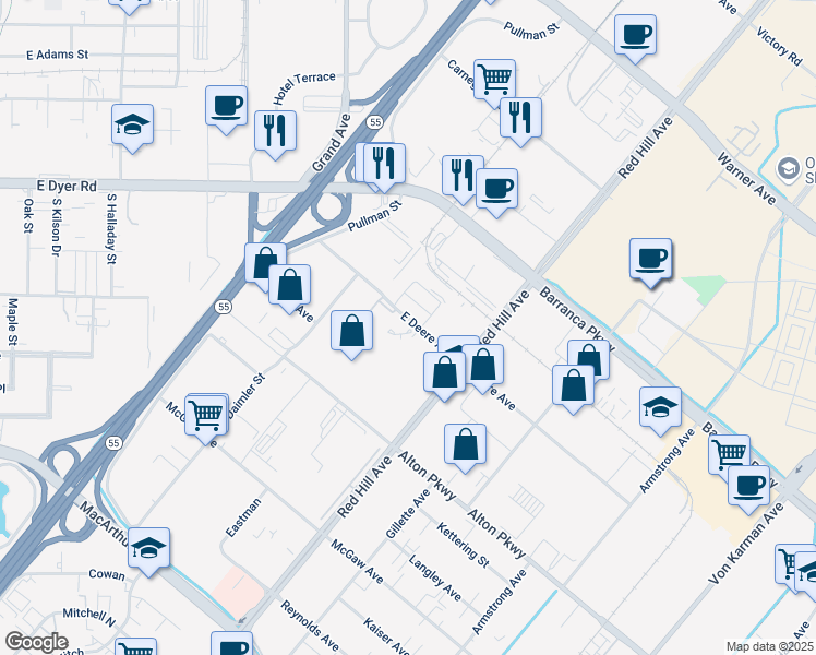 map of restaurants, bars, coffee shops, grocery stores, and more near 1932 East Deere Avenue in Santa Ana