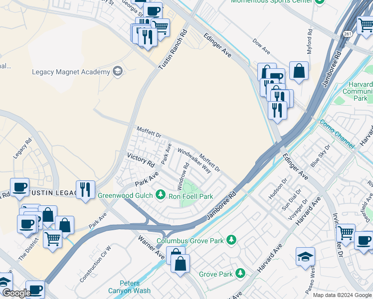 map of restaurants, bars, coffee shops, grocery stores, and more near 30 Windwalker Way in Tustin