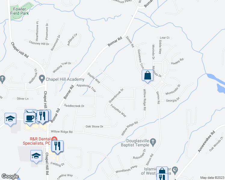 map of restaurants, bars, coffee shops, grocery stores, and more near 3850 Daylily Way in Douglasville