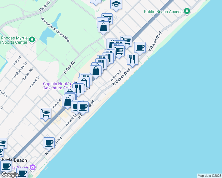 map of restaurants, bars, coffee shops, grocery stores, and more near 2500 North Ocean Boulevard in Myrtle Beach