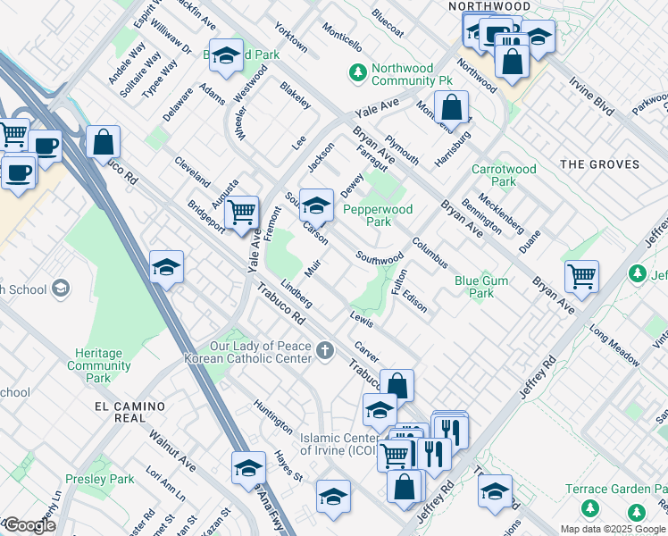 map of restaurants, bars, coffee shops, grocery stores, and more near 2 Bowditch in Irvine
