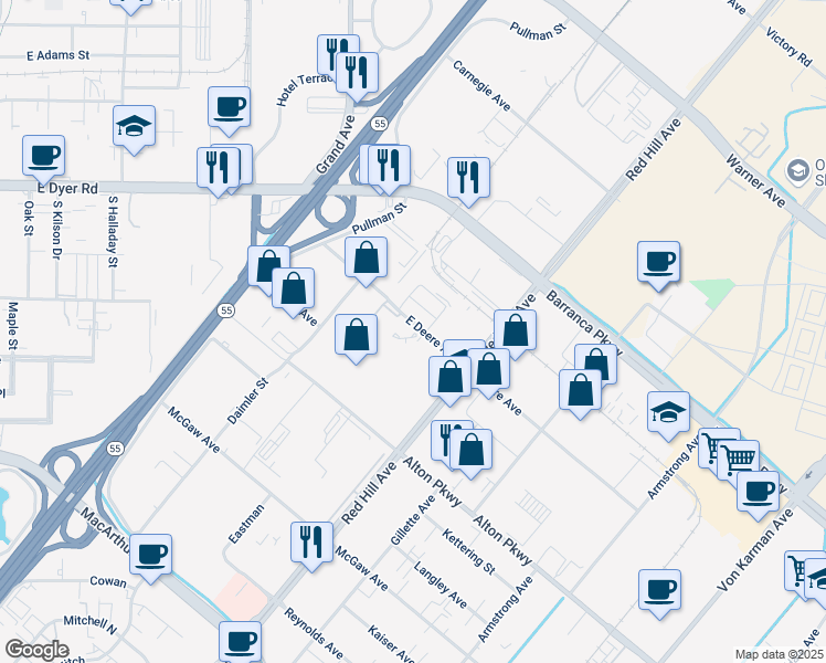 map of restaurants, bars, coffee shops, grocery stores, and more near 1962-2098 East Deere Avenue in Santa Ana