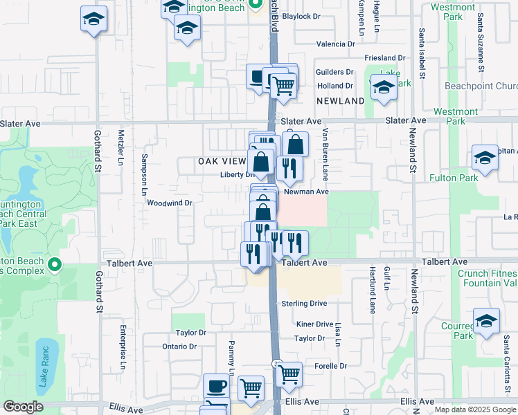map of restaurants, bars, coffee shops, grocery stores, and more near 7912 Ronald Drive in Huntington Beach