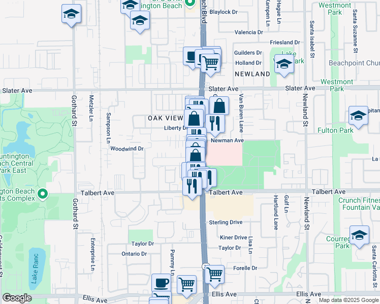 map of restaurants, bars, coffee shops, grocery stores, and more near 7912 Ronald Drive in Huntington Beach
