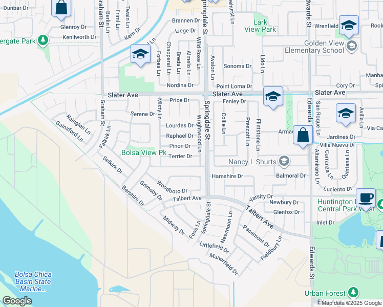 map of restaurants, bars, coffee shops, grocery stores, and more near 17811 Wrightwood Lane in Huntington Beach