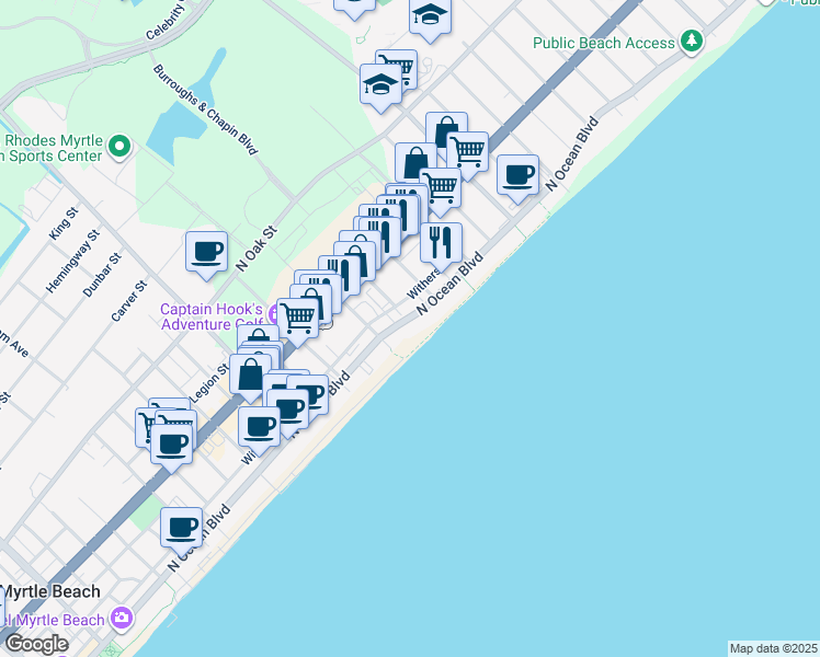 map of restaurants, bars, coffee shops, grocery stores, and more near 2500 North Ocean Boulevard in Myrtle Beach