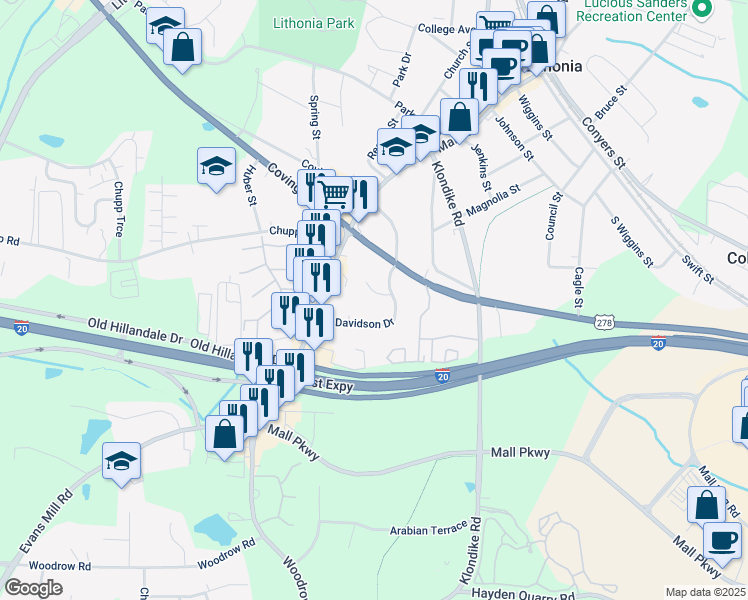 map of restaurants, bars, coffee shops, grocery stores, and more near 6751 Davidson Court in Lithonia