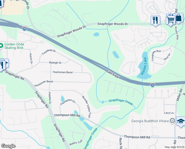 map of restaurants, bars, coffee shops, grocery stores, and more near 4653 Huntsman Bend in Decatur