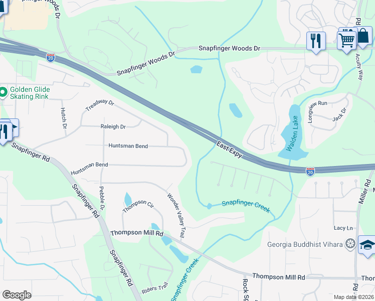 map of restaurants, bars, coffee shops, grocery stores, and more near 4653 Huntsman Bend in Decatur
