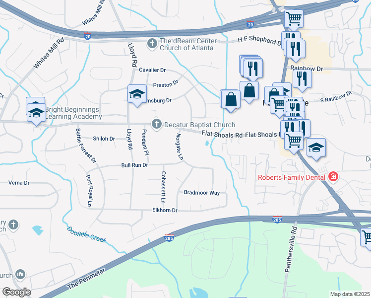 map of restaurants, bars, coffee shops, grocery stores, and more near 2830 Norgate Lane in Decatur