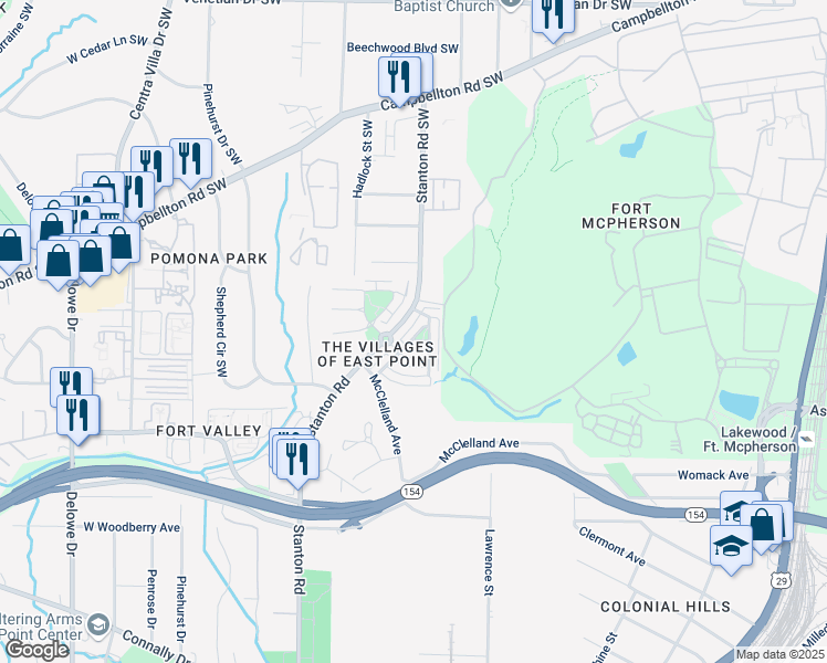 map of restaurants, bars, coffee shops, grocery stores, and more near 1323 Rosemary Lane in East Point