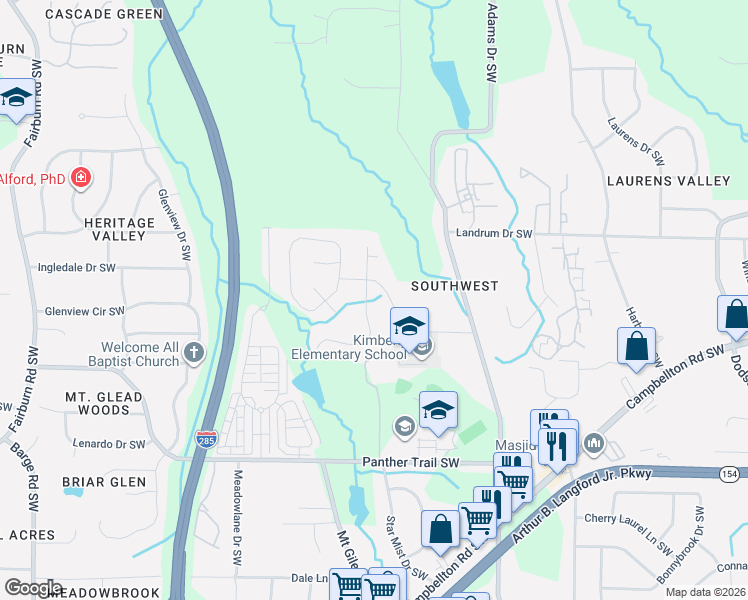 map of restaurants, bars, coffee shops, grocery stores, and more near 3169 Lovell Drive Southwest in Atlanta