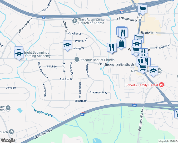 map of restaurants, bars, coffee shops, grocery stores, and more near 2830 Norgate Lane in Decatur