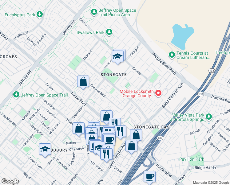 map of restaurants, bars, coffee shops, grocery stores, and more near 52 Norwich in Irvine