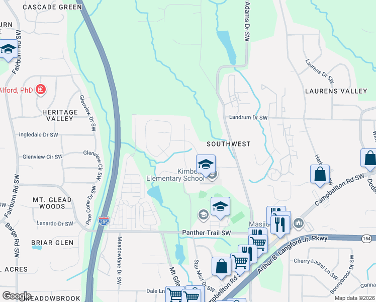 map of restaurants, bars, coffee shops, grocery stores, and more near 3169 Lovell Drive Southwest in Atlanta