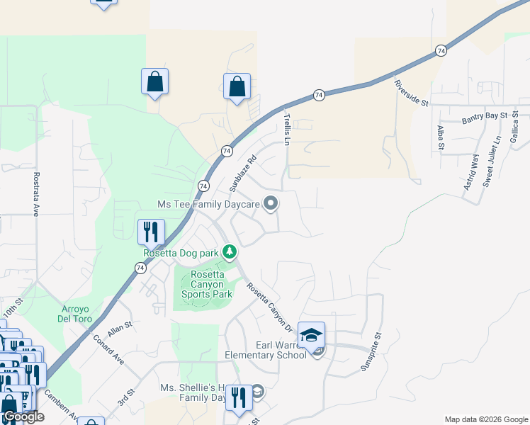 map of restaurants, bars, coffee shops, grocery stores, and more near 45035 Promise Road in Lake Elsinore