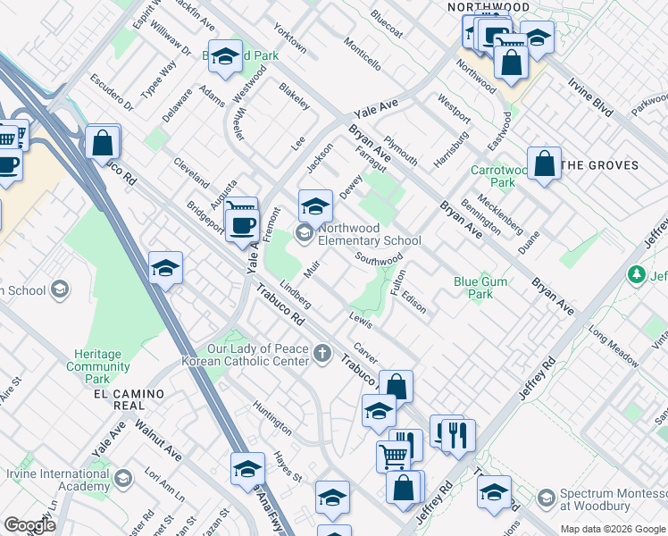map of restaurants, bars, coffee shops, grocery stores, and more near 7 Boone in Irvine