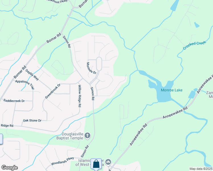 map of restaurants, bars, coffee shops, grocery stores, and more near 3812 Monticello Street in Douglasville