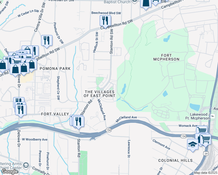 map of restaurants, bars, coffee shops, grocery stores, and more near 1323 Rosemary Lane in East Point