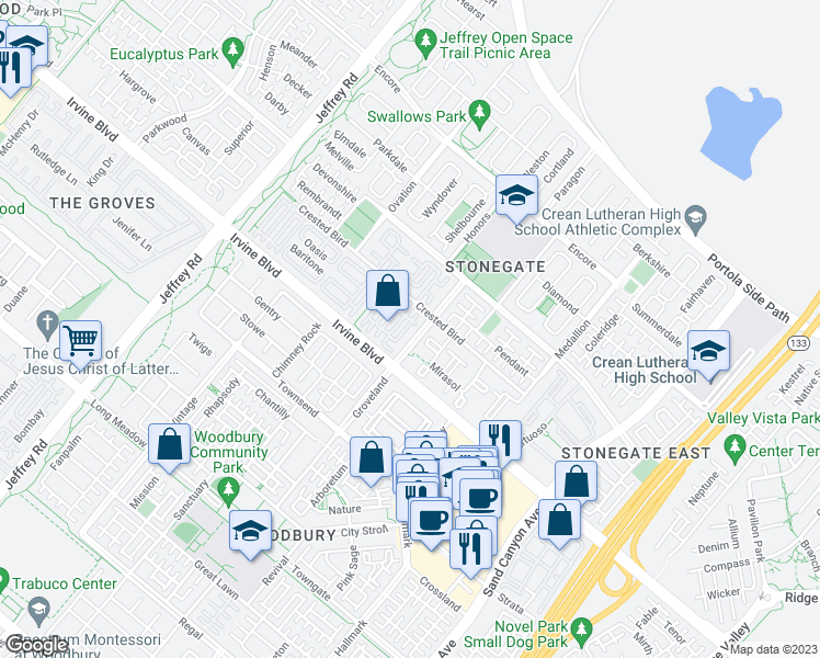 map of restaurants, bars, coffee shops, grocery stores, and more near 84 Kempton in Irvine