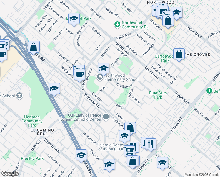 map of restaurants, bars, coffee shops, grocery stores, and more near 7 Boone in Irvine