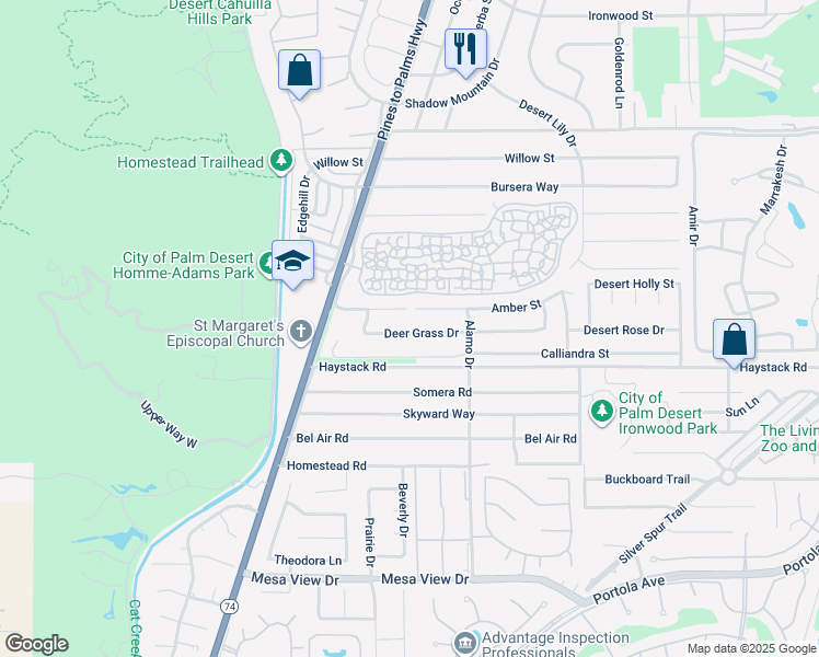 map of restaurants, bars, coffee shops, grocery stores, and more near 72815 Deer Grass Drive in Palm Desert