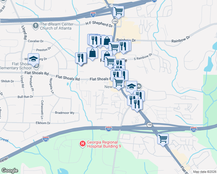 map of restaurants, bars, coffee shops, grocery stores, and more near 2920 Hillside Place in Decatur