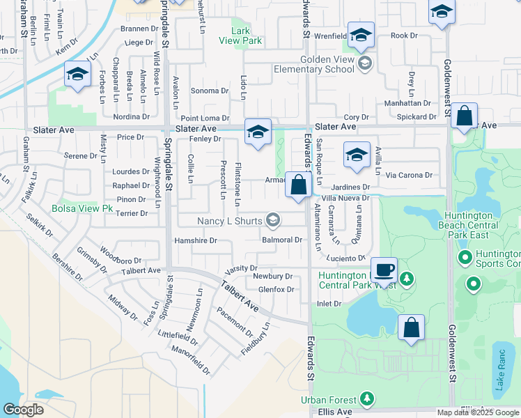 map of restaurants, bars, coffee shops, grocery stores, and more near 6311 Fallingwater Drive in Huntington Beach