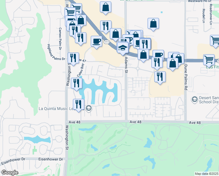 map of restaurants, bars, coffee shops, grocery stores, and more near 47445 Vía Cordoba in La Quinta