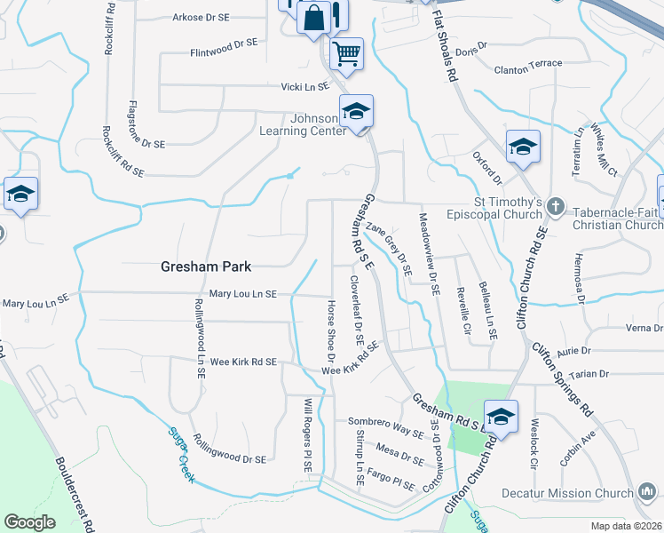 map of restaurants, bars, coffee shops, grocery stores, and more near 2835 Horse Shoe Drive in Atlanta
