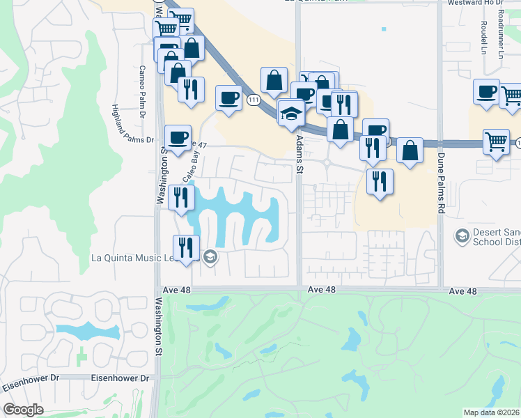 map of restaurants, bars, coffee shops, grocery stores, and more near 47445 Vía Cordoba in La Quinta