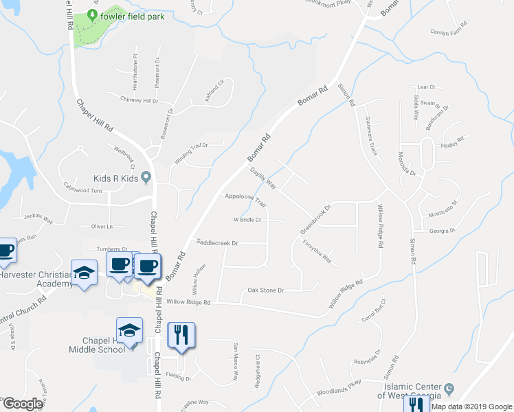 map of restaurants, bars, coffee shops, grocery stores, and more near 3861 Appaloosa Trail in Douglasville