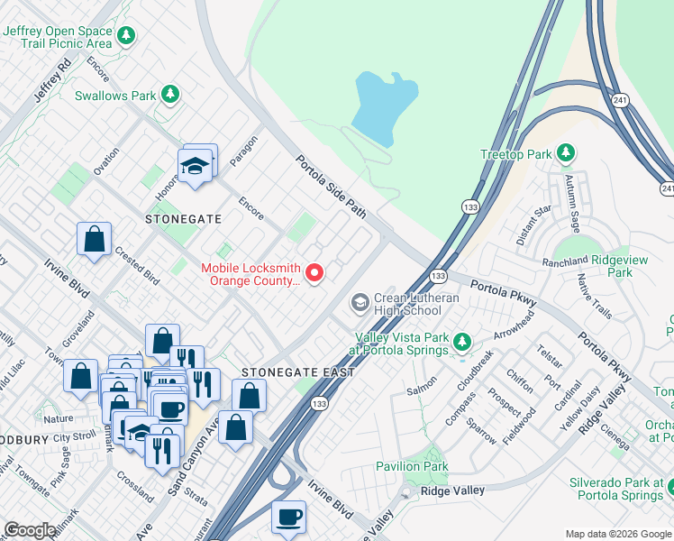 map of restaurants, bars, coffee shops, grocery stores, and more near 205 Denison in Irvine