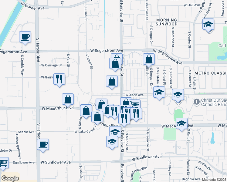 map of restaurants, bars, coffee shops, grocery stores, and more near 3102 W Alton Ave in Santa Ana