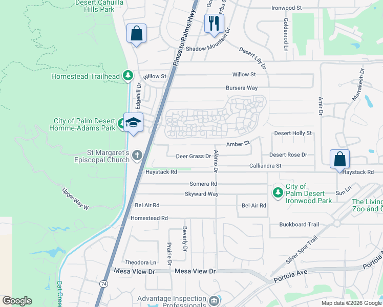 map of restaurants, bars, coffee shops, grocery stores, and more near 72890 Deer Grass Drive in Palm Desert
