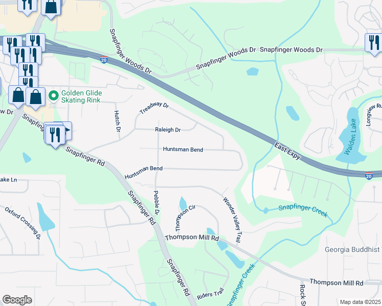 map of restaurants, bars, coffee shops, grocery stores, and more near 4762 Huntsman Bend in Decatur