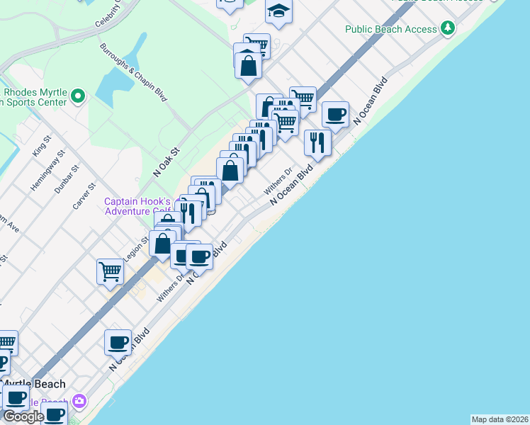 map of restaurants, bars, coffee shops, grocery stores, and more near 2500 North Ocean Boulevard in Myrtle Beach