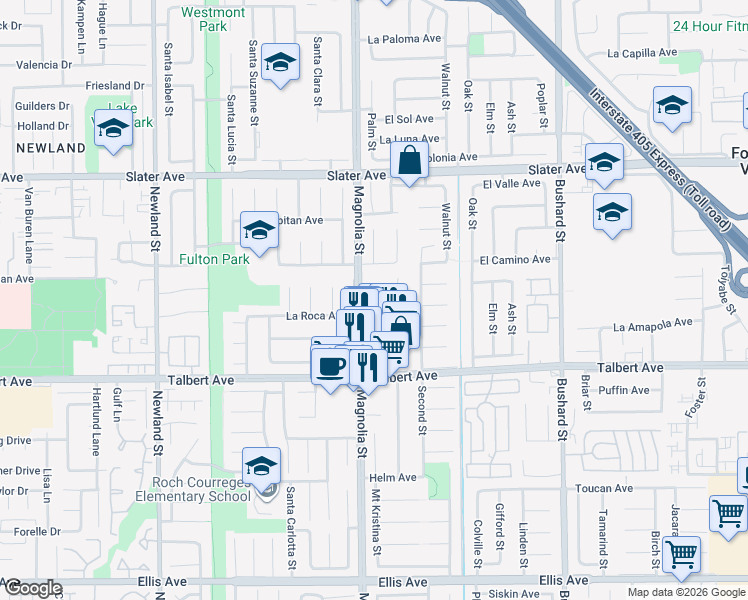 map of restaurants, bars, coffee shops, grocery stores, and more near 17807 Joshua Circle in Fountain Valley