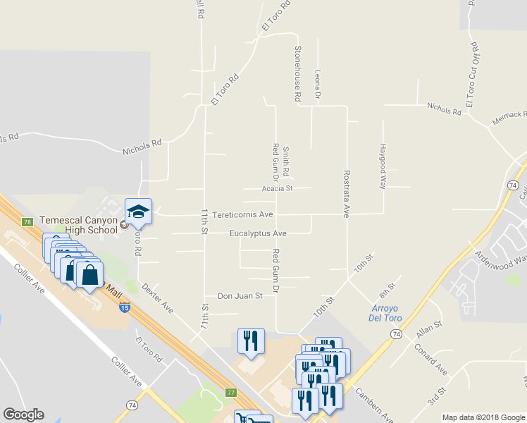 map of restaurants, bars, coffee shops, grocery stores, and more near 18374 Tereticornis Avenue in Lake Elsinore