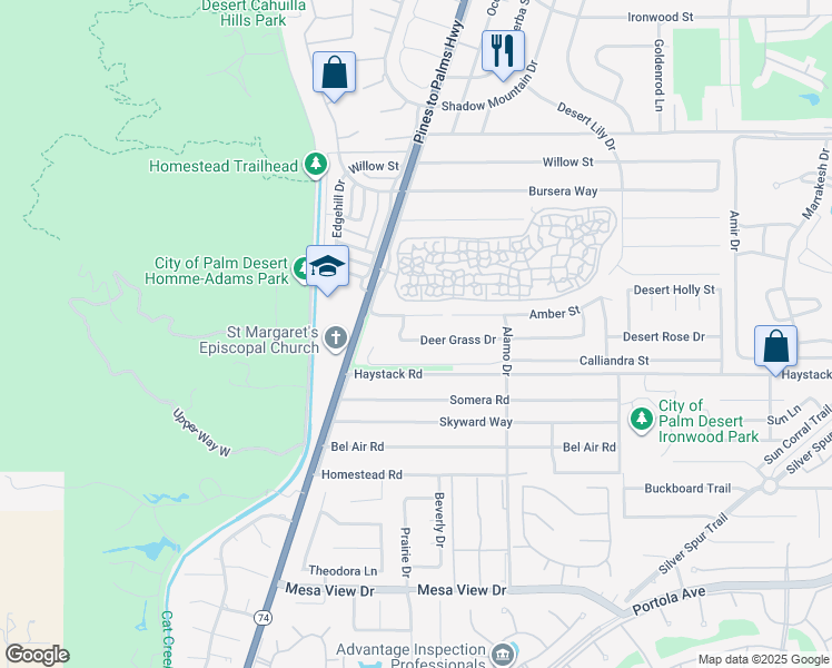map of restaurants, bars, coffee shops, grocery stores, and more near 72815 Deer Grass Drive in Palm Desert