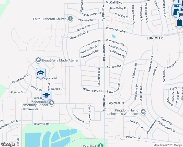 map of restaurants, bars, coffee shops, grocery stores, and more near 25847 Baltrustrol Drive in Menifee