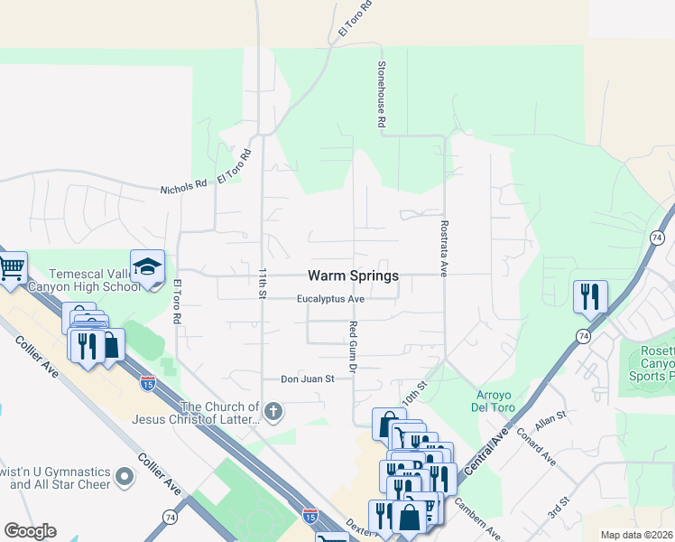 map of restaurants, bars, coffee shops, grocery stores, and more near 18374 Tereticornis Avenue in Lake Elsinore