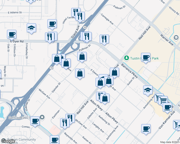 map of restaurants, bars, coffee shops, grocery stores, and more near 1932 East Deere Avenue in Santa Ana