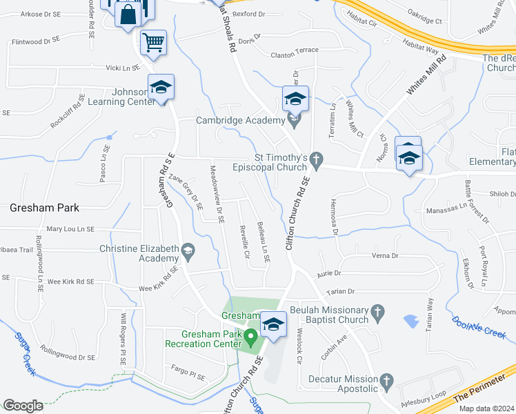map of restaurants, bars, coffee shops, grocery stores, and more near 2838 Belleau Lane Southeast in Atlanta