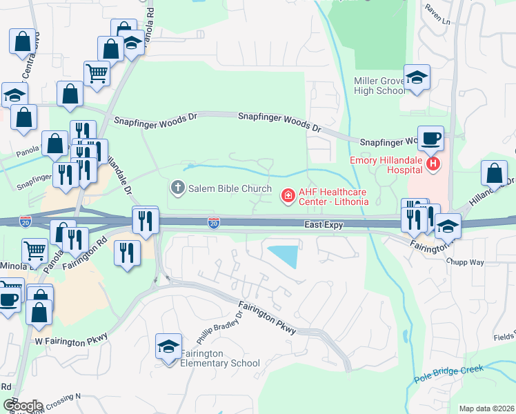 map of restaurants, bars, coffee shops, grocery stores, and more near 5768 Hillandale Drive in Lithonia