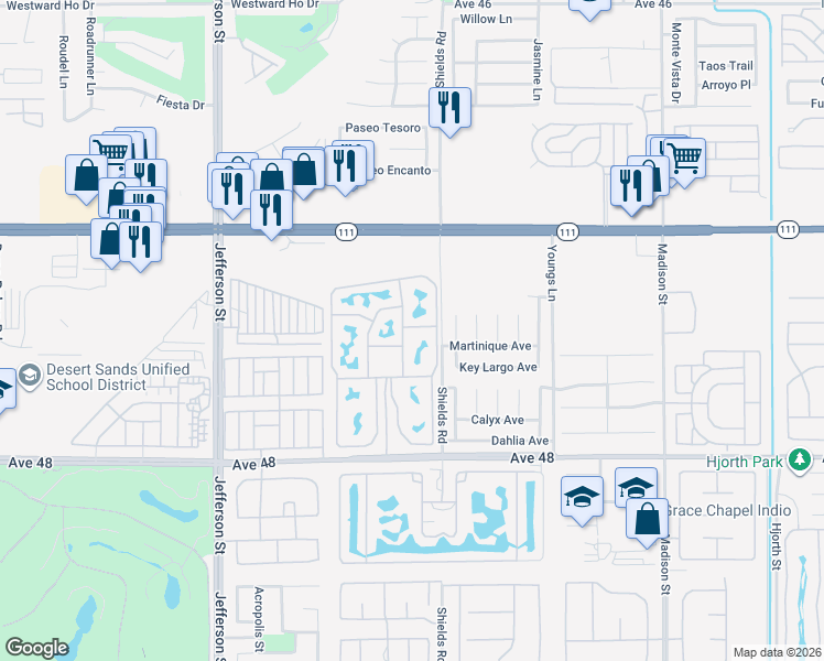 map of restaurants, bars, coffee shops, grocery stores, and more near 80394 Avenue 48 in Indio