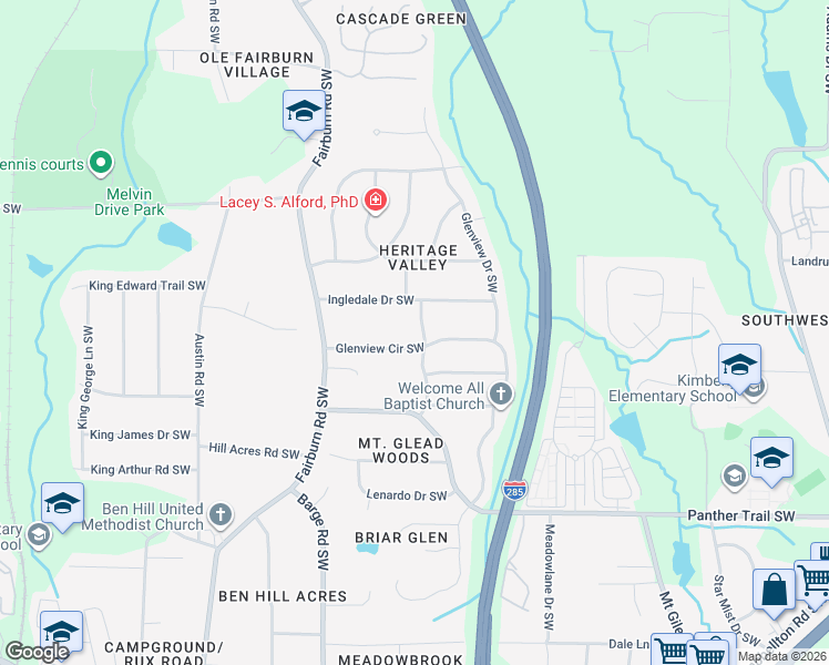 map of restaurants, bars, coffee shops, grocery stores, and more near 3494 Glenview Circle Southwest in Atlanta