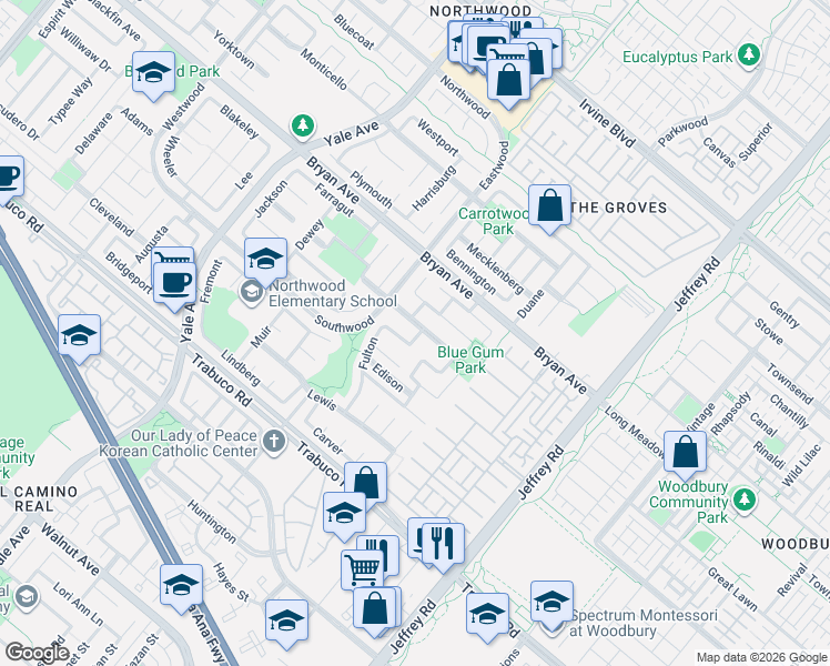 map of restaurants, bars, coffee shops, grocery stores, and more near 9 Williams in Irvine